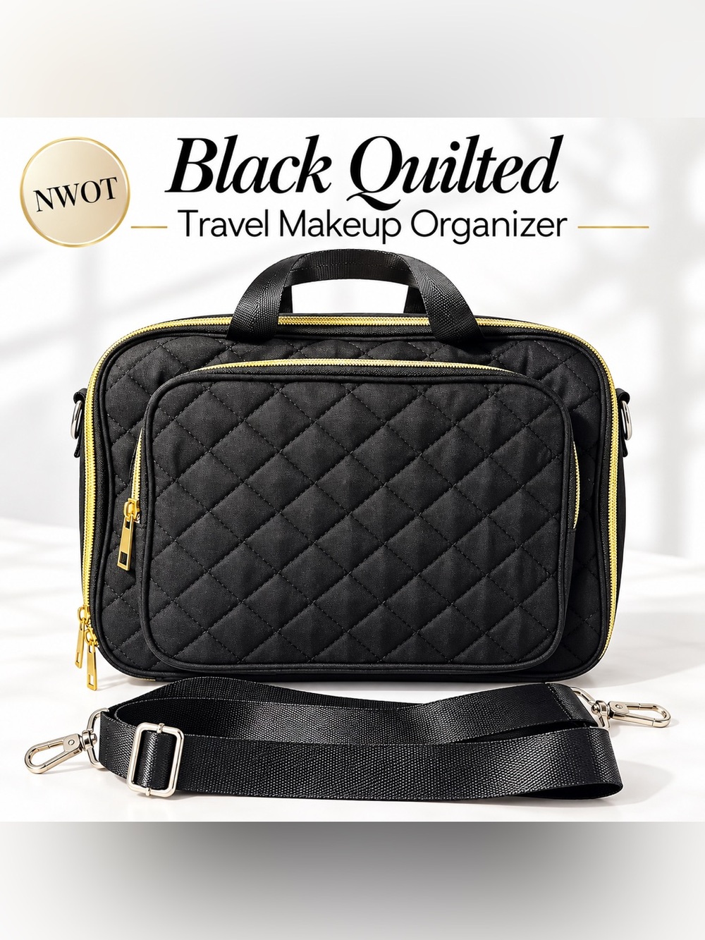 Quilted black Travel Makeup cosmetic Organizer Case Crossbody/Carry Bag NWOT